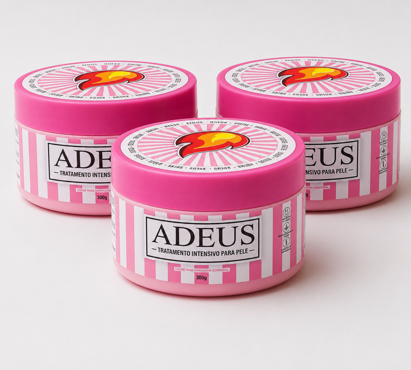 Três frascos redondos rosa e branco de creme corporal ADEUS