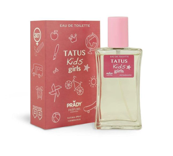 Frasco de perfume Tatus Kids girls com embalagem vermelha e tampa rosa.
