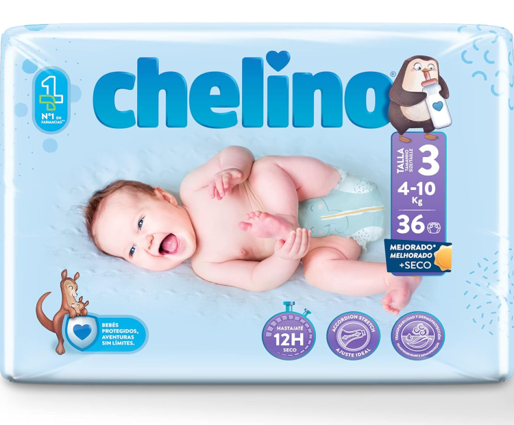 Pacote de fraldas Chelino tamanho 3 com bebé e pinguim na embalagem azul