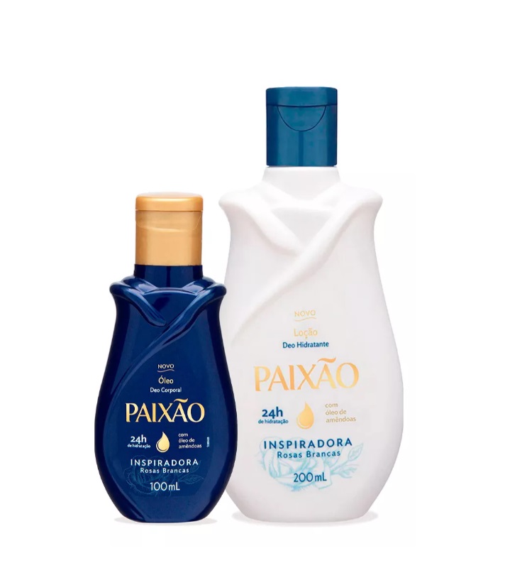 Frascos de loção corporal Paixão Inspiradora Rosas Brancas, azul escuro e branco