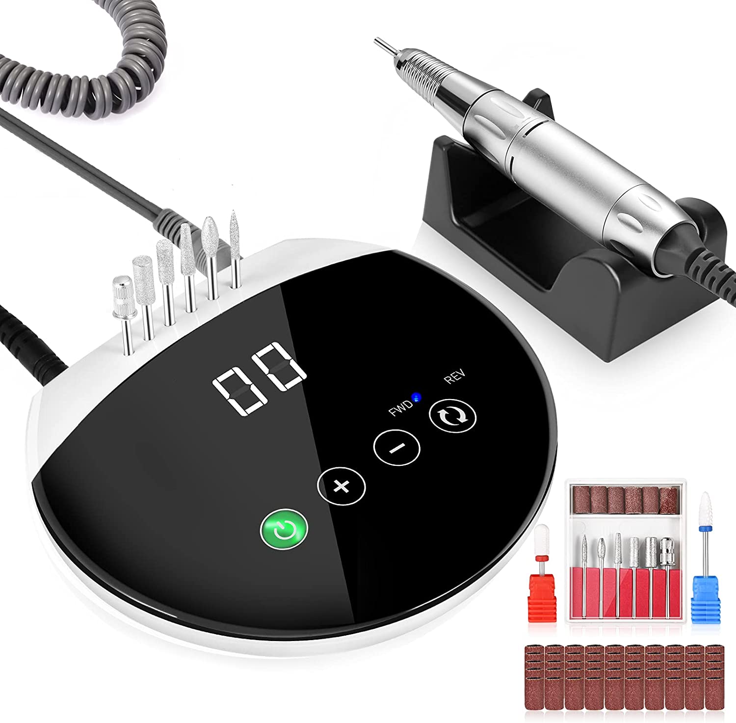 Aparelho de manicure elétrico com base preta e branca e kit de acessórios para unhas