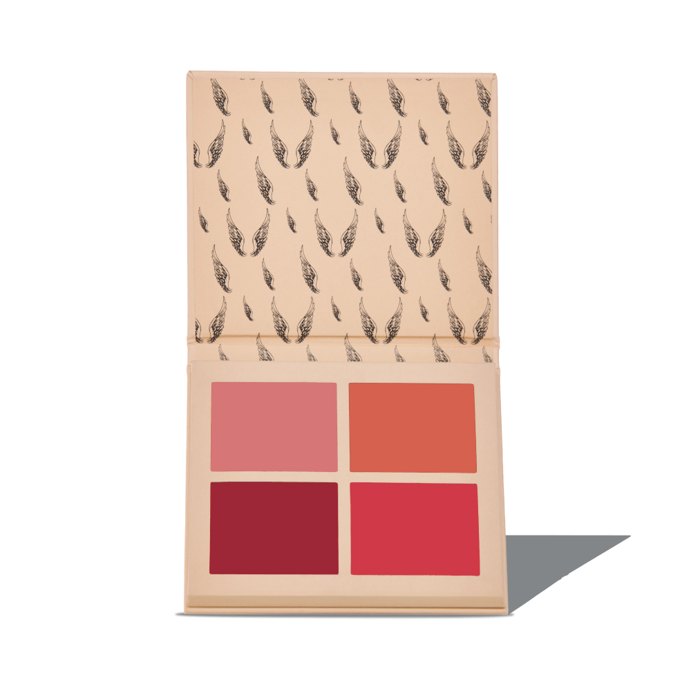 Paleta de batons com quatro cores diferentes e embalagem bege com padrão de asas pretas