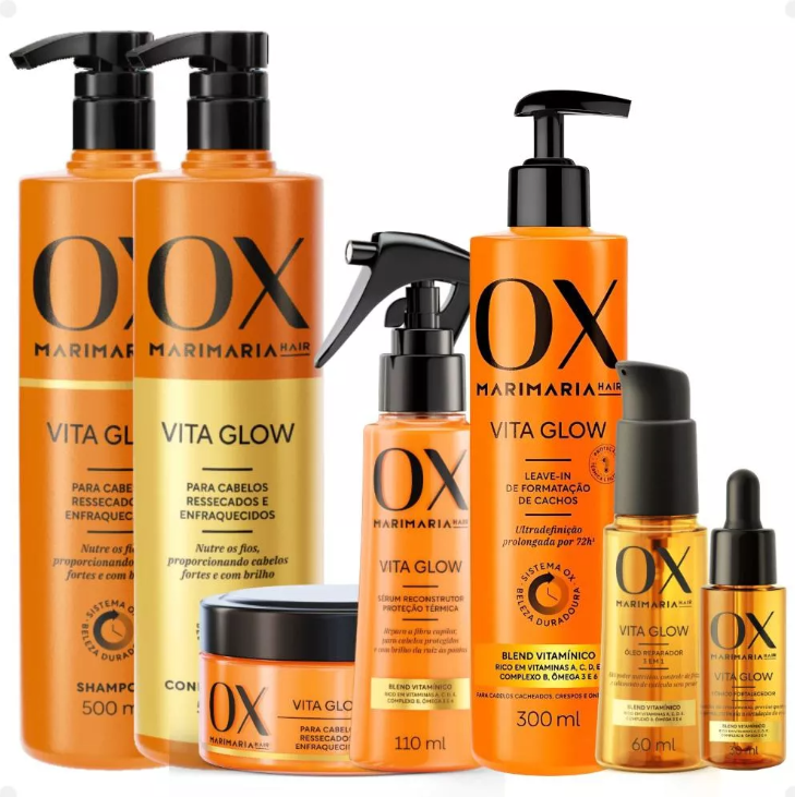 Produtos de cuidado capilar OX Marimaria Vita Glow com embalagens em laranja e preto
