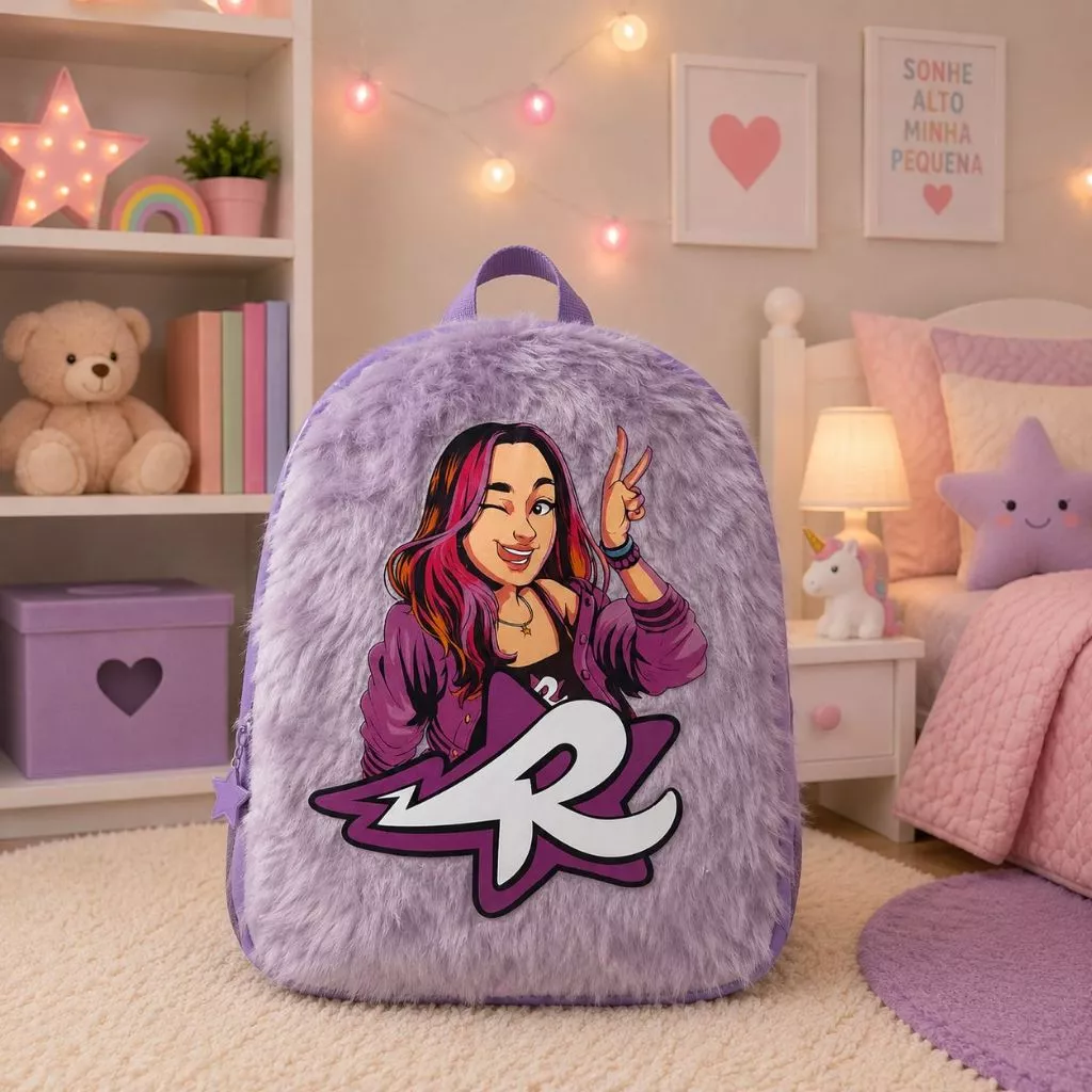 Mochila felpuda lilás com ilustração de jovem mulher e logótipo R à frente num quarto decorado em tons pastel