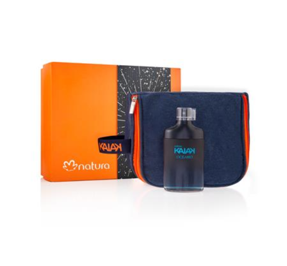 Conjunto perfume KAIAY OCEANO com estojo azul e caixa laranja da Natura