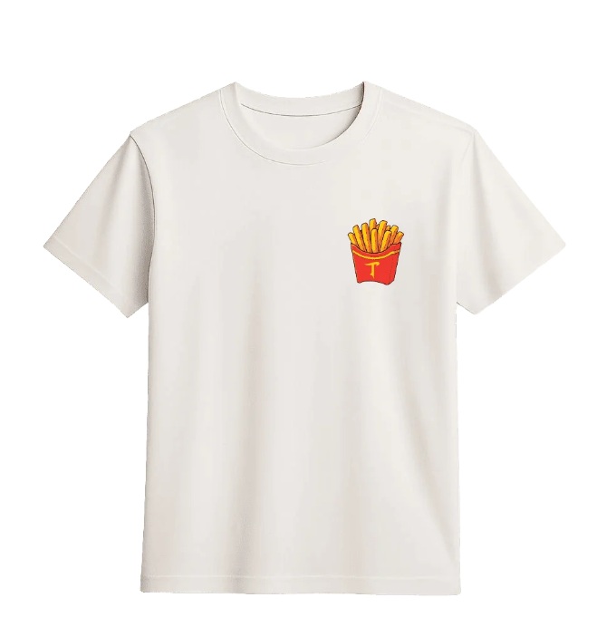 T-shirt branca com estampado de batatas fritas numa caixa vermelha