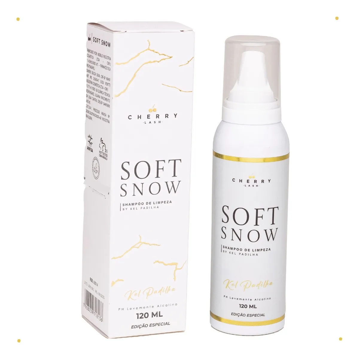 Champô Soft Snow Cherry Lash em embalagem e frasco branco com detalhes dourados