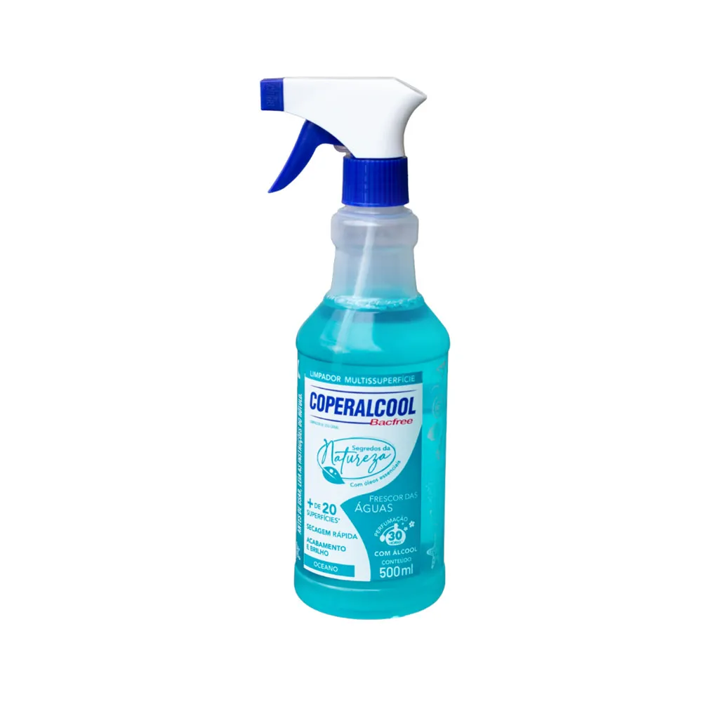 Frasco spray plástico azul com líquido azul e etiqueta de limpeza multi-superfície