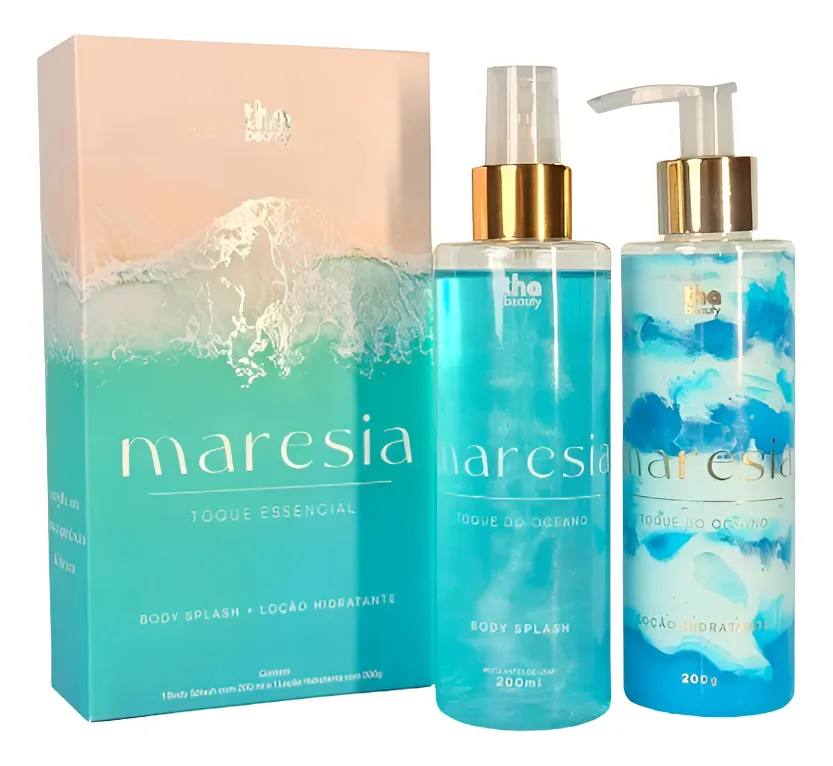 Conjunto Maresia com Body Splash e Loção Hidratante, embalagem azul e branca