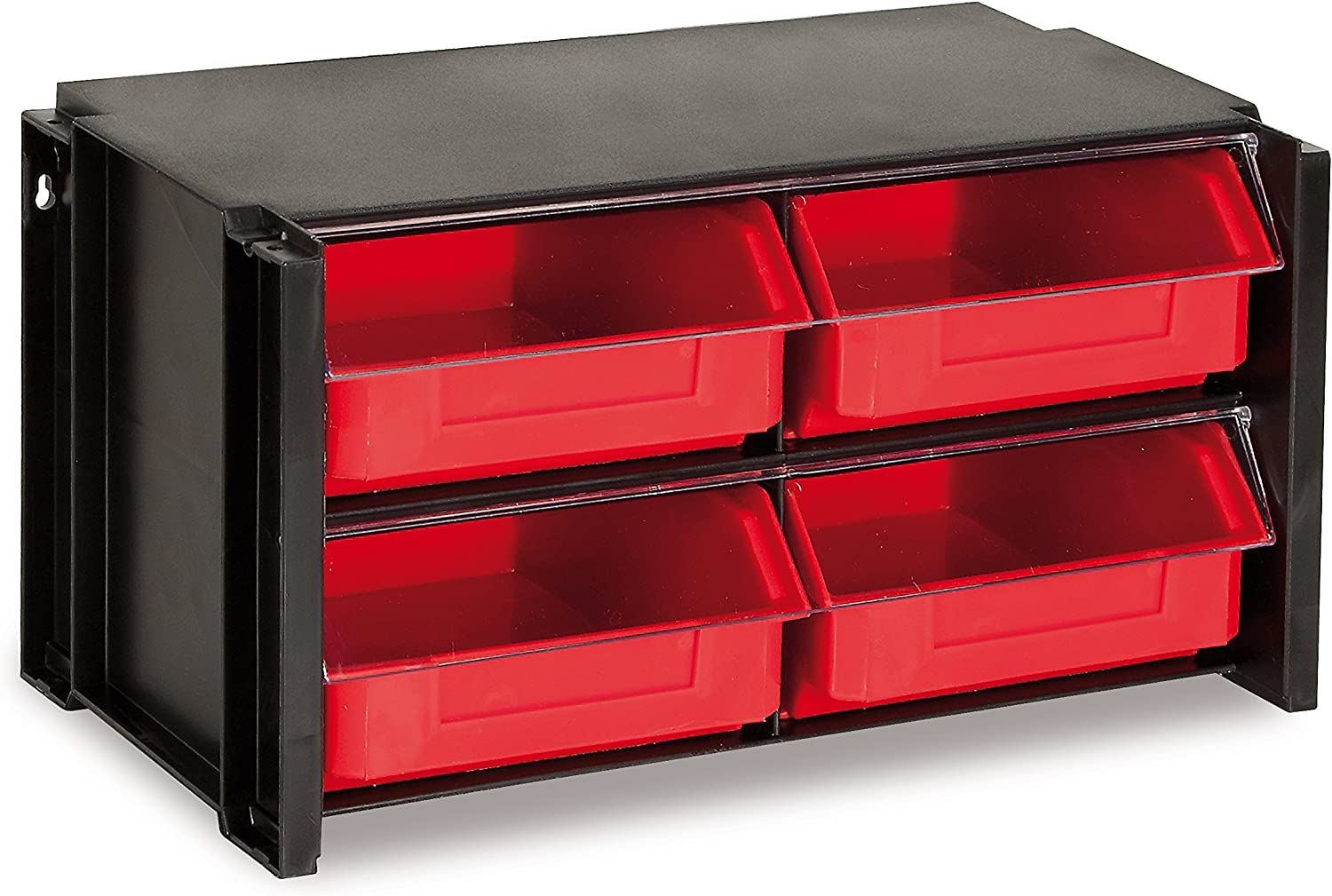Organizador preto com quatro gavetas vermelhas