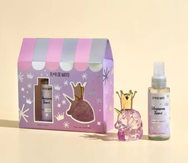 Conjunto perfume unicórnio rosa com embalagem lilás e body mist transparente branco