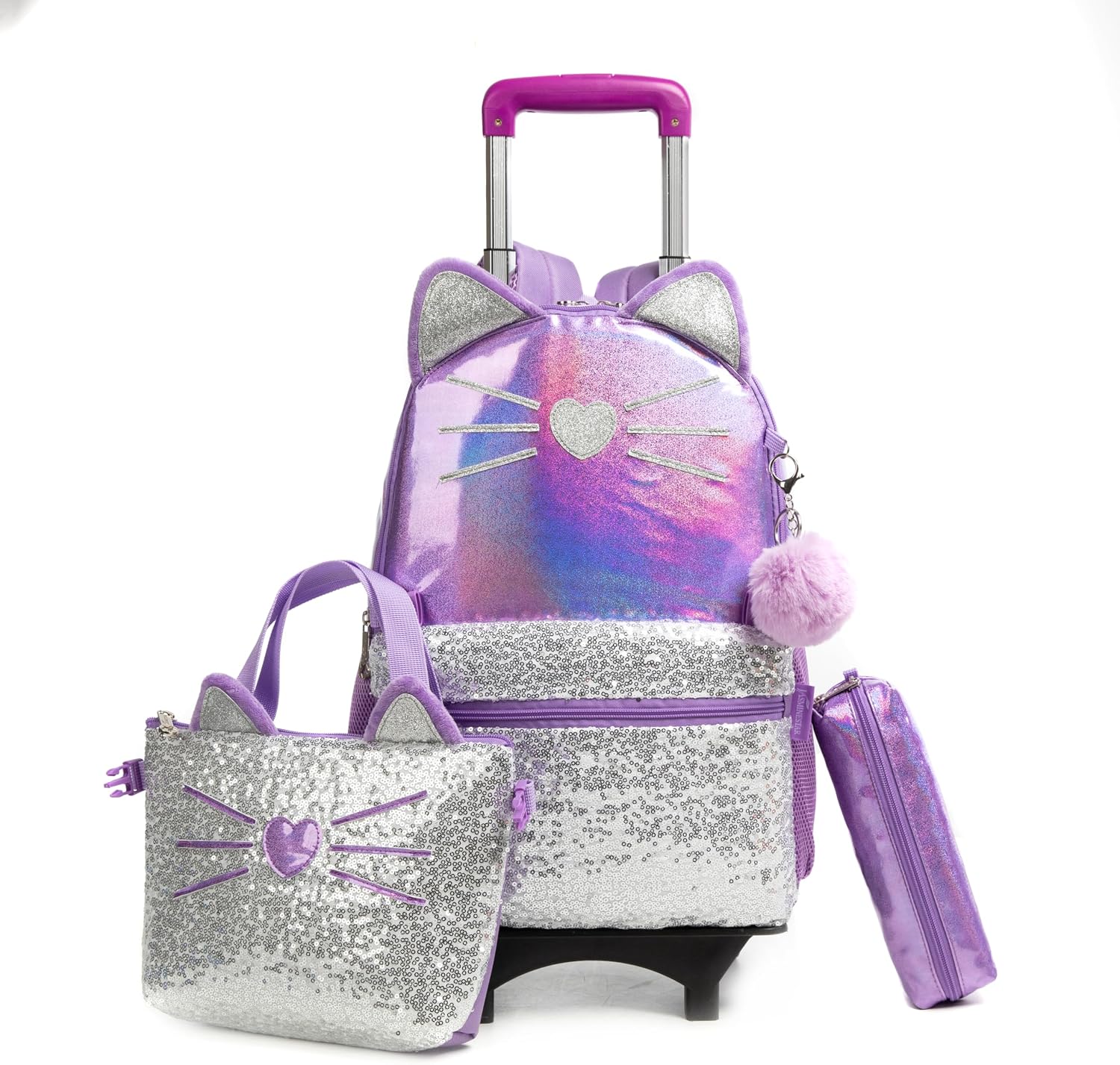 Conjunto de mochila com rodas, mala tote e estojo roxos e prateados com motivo de gato