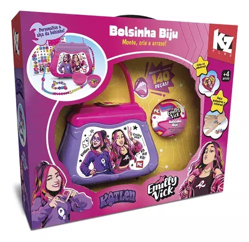 Jogo Bolsinha Biju Kz Play com bolsa colorida e adesivos para personalizar.