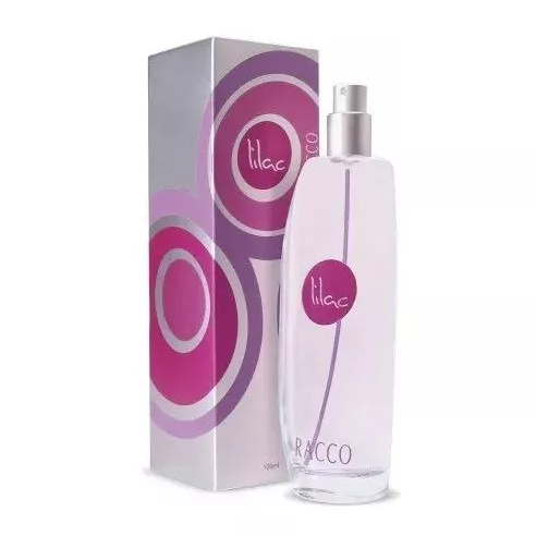 Frasco de perfume lilac transparente com caixa prateada e padrões circulares roxos