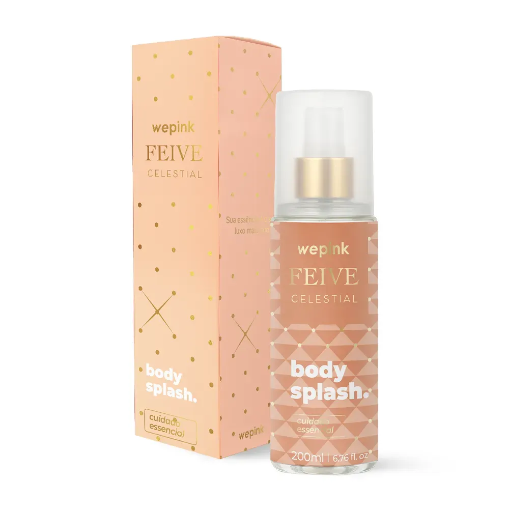 Frasco e caixa de body splash rosados com detalhes dourados e texto branco.
