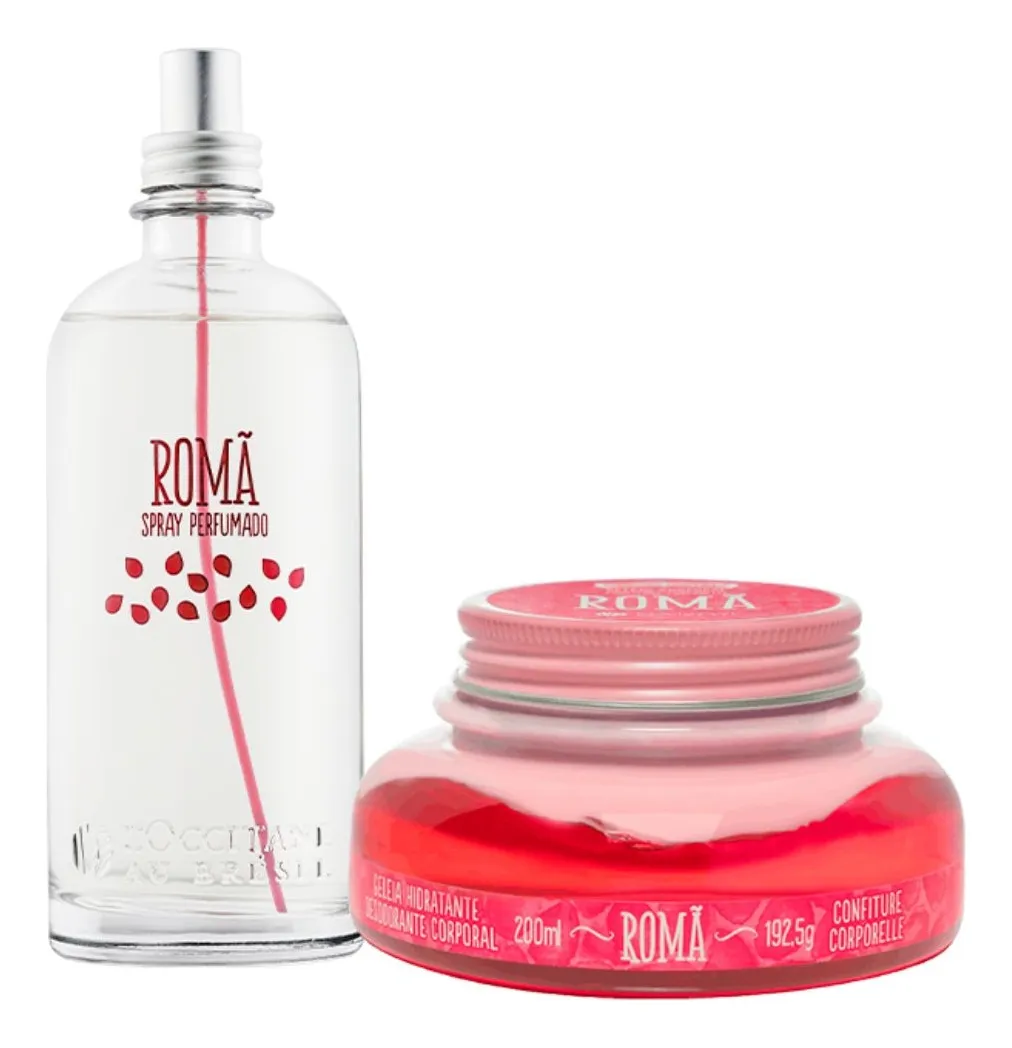 Conjunto ROMÃ spray perfumado e gel hidratante corporal em vidro com líquido vermelho