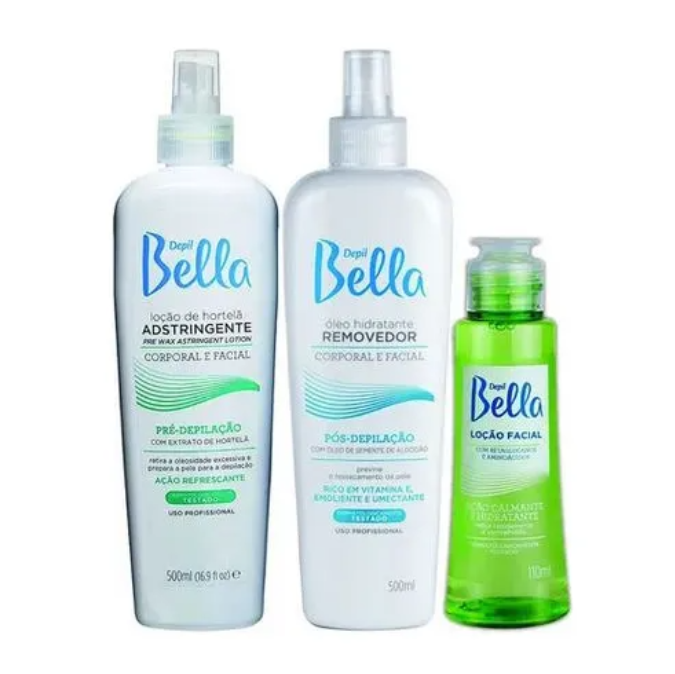 Frascos de loções Depil Bella para cuidados corporais e faciais em embalagem branca e verde