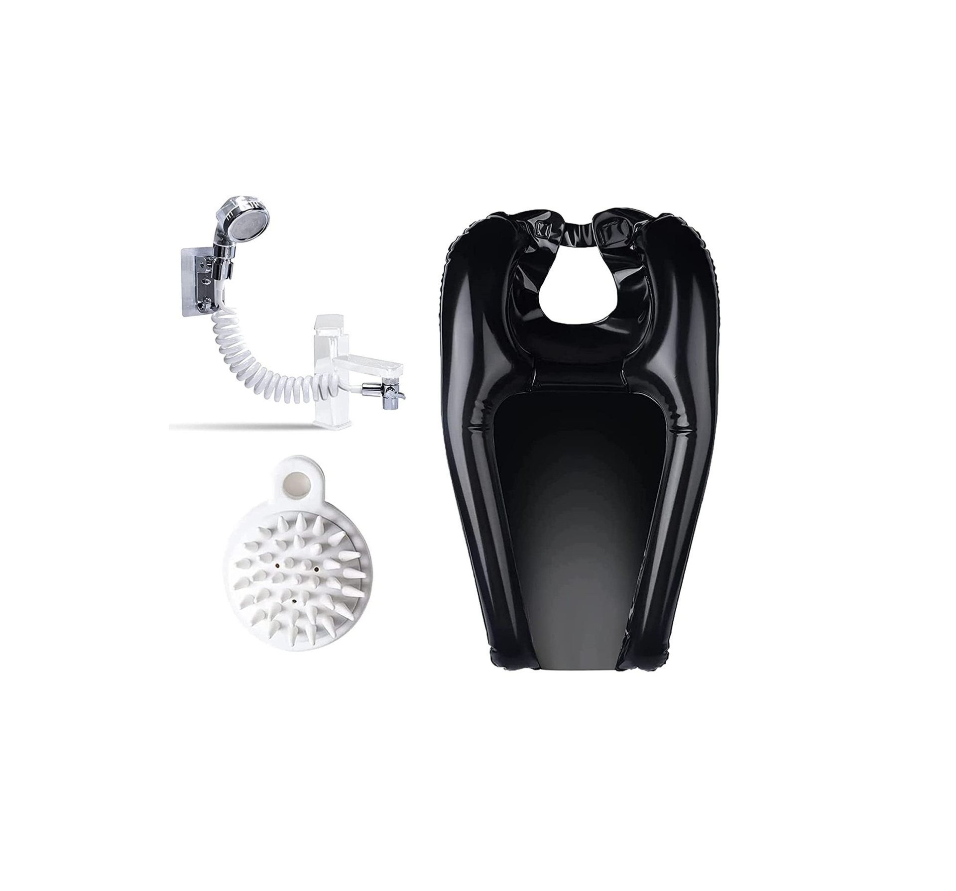 chuveiro cromado, escova de silicone branca e apoio de banho inflável preto