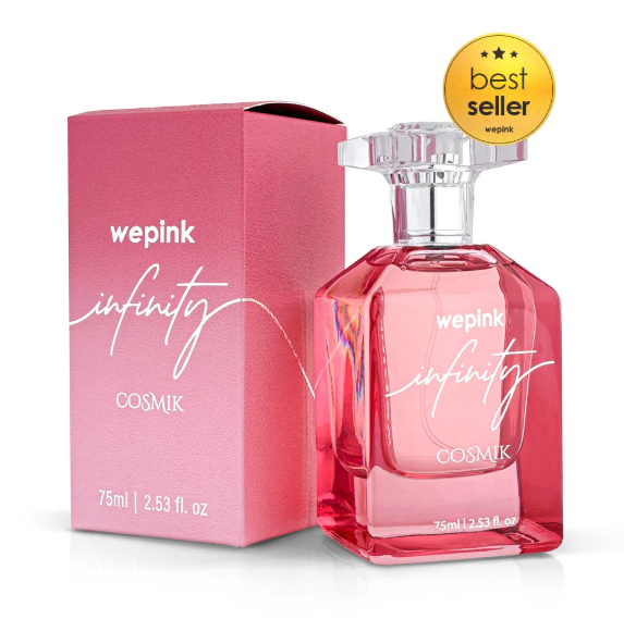 Frasco e caixa rosa de perfume Wepink Infinity Cosmik com selo best seller