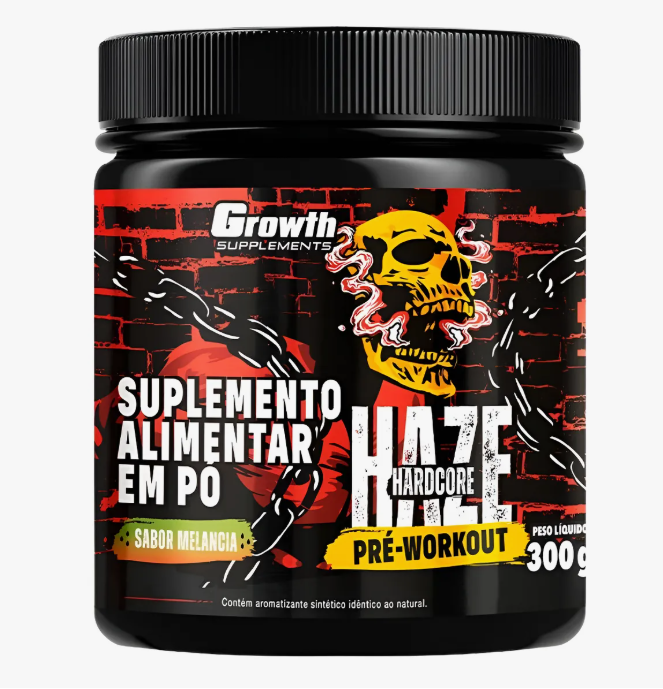 Pote preto de suplemento em pó com rótulo vermelho, amarelo e preto e caveira amarela