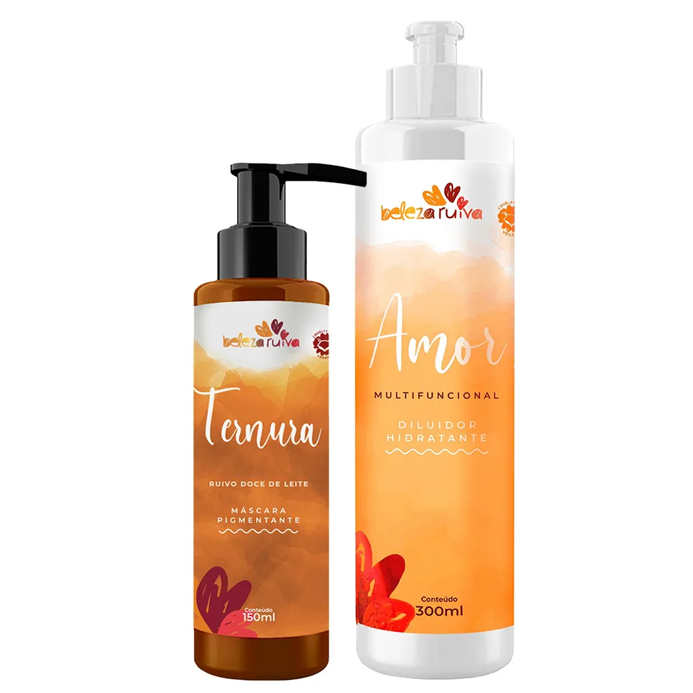 Dois frascos de produtos de beleza com etiquetas laranja e branco, um com texto Ternura e outro com texto Amor.