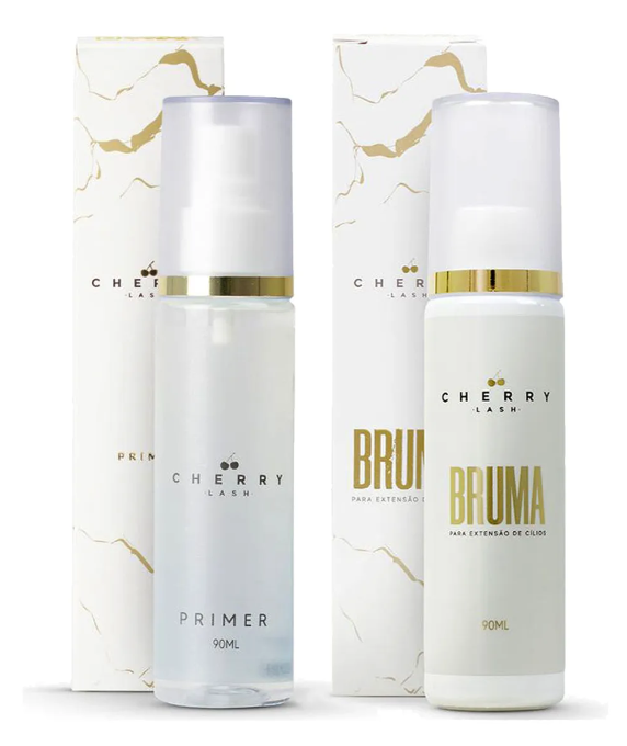 Dois frascos de primer e bruma da marca Cherry Lash com embalagens brancas e detalhamento dourado