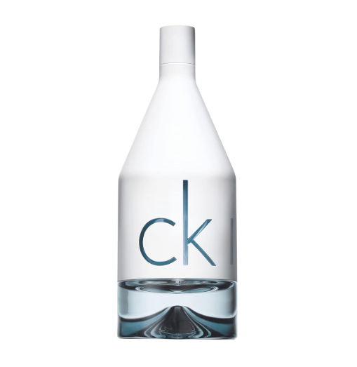 Garrafa branca de perfume com base transparente e texto 'ck l'