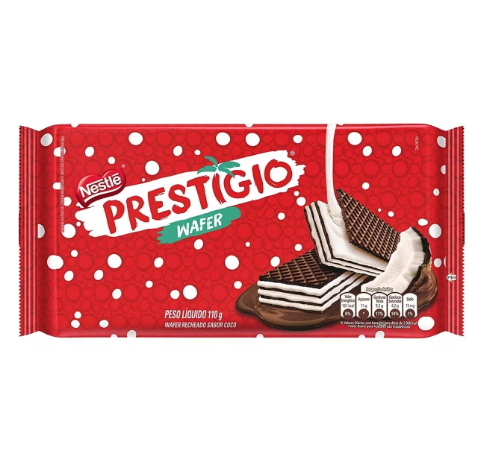 Pacote vermelho de Prestígio Wafer da Nestlé com imagem de wafers de chocolate e coco.