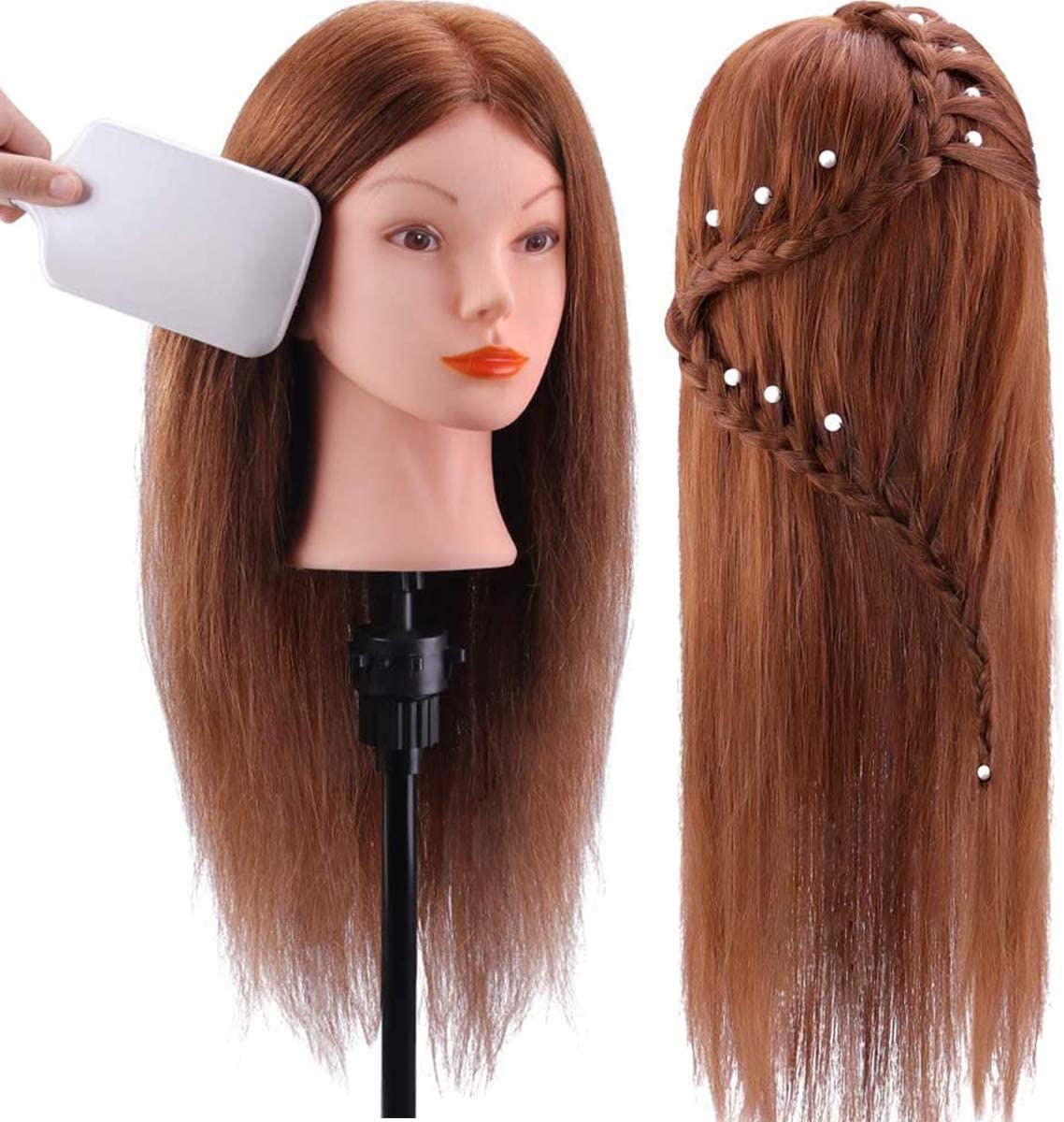 Cabeça de manequim com cabelo castanho liso e trança decorada com pérolas