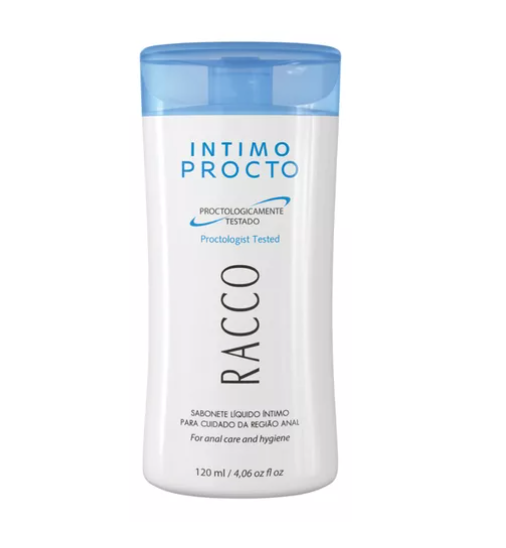 Frasco de sabonete líquido íntimo da marca RACCO com tampa azul
