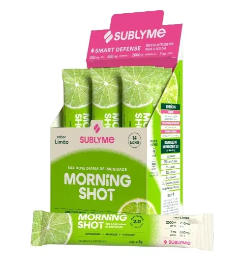 Embalagem de stick de suplemento Limão Morning Shot SUBLYME com 14 unidades