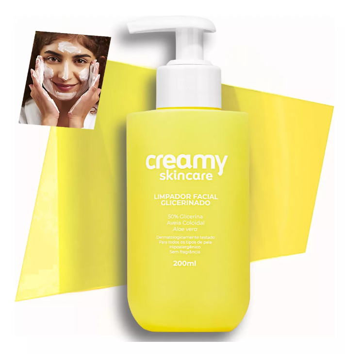 Frasco amarelo com limpador facial Creamy Skincare e imagem de mulher aplicando produto no rosto