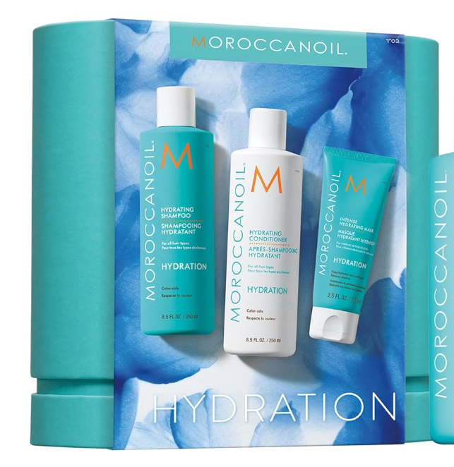 Conjunto de produtos de hidratação Moroccanoil em embalagem azul e branca