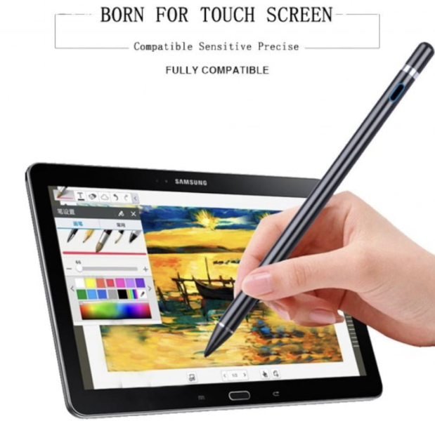 Caneta stylus prateada numa tablet Samsung preta com aplicação de desenho no ecrã