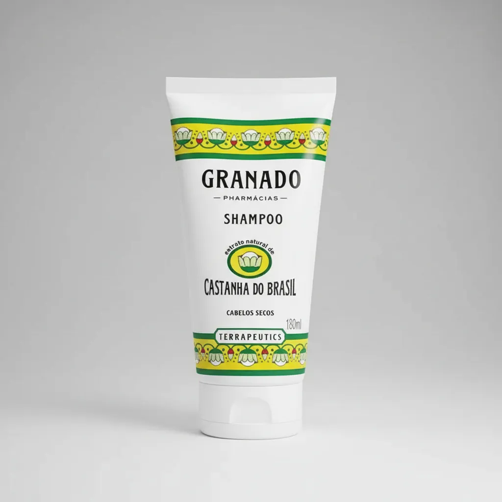Frasco branco de shampoo GRANADO Castanha do Brasil 180ml com padrão floral