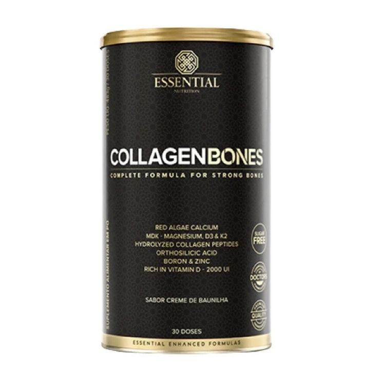 Suplemento COLLAGEN BONES em lata preta e dourada com texto branco