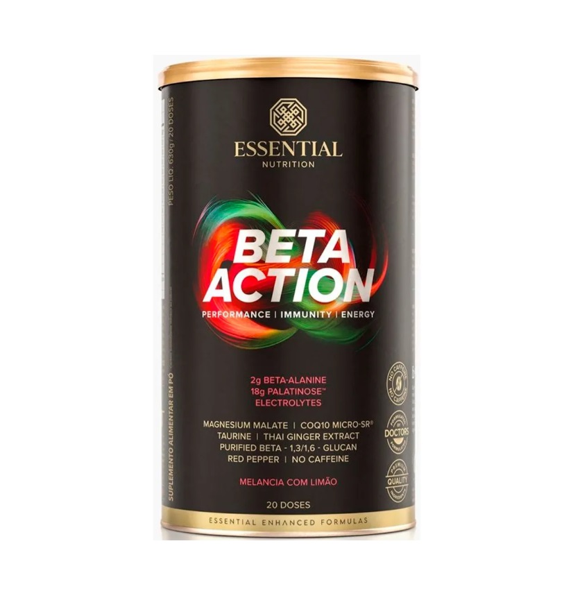 Embalagem preta e dourada do suplemento BETA ACTION da Essential Nutrition com texto e gráficos coloridos.