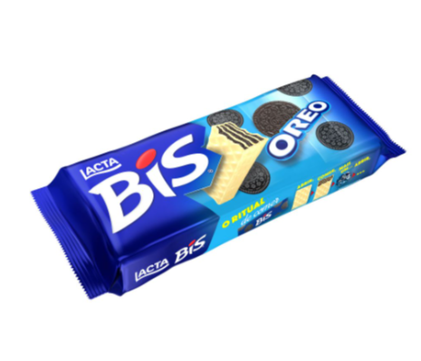 Embalagem azul do chocolate Lacta Bis sabor Oreo com barra partida ao meio.