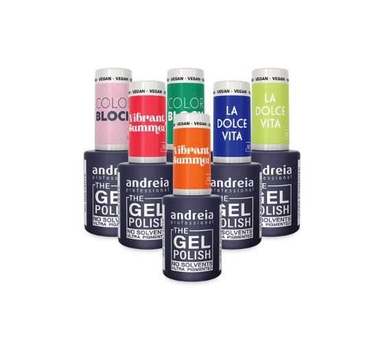 Frascos de verniz gel para unhas com rótulos coloridos e texto da marca andreia professional