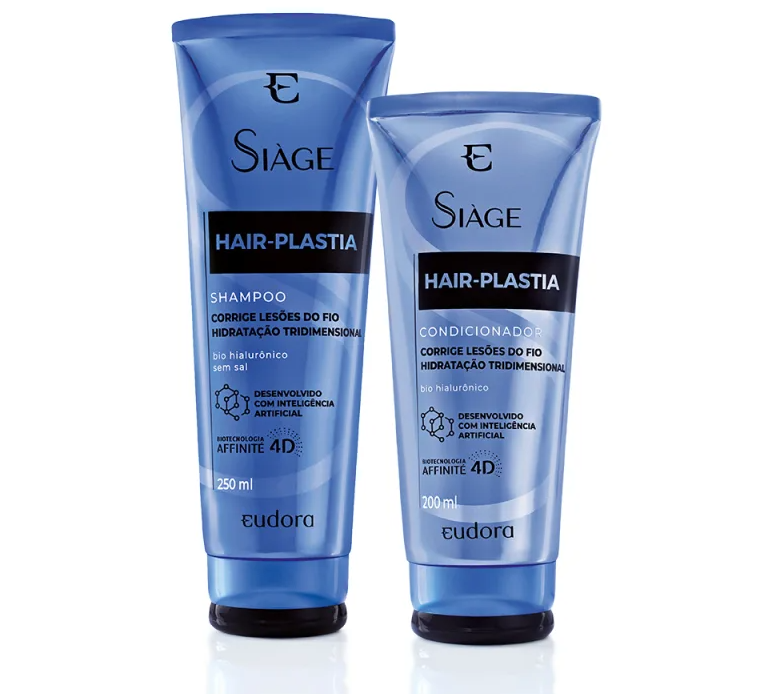 Frascos azuis de shampoo e condicionador Eudora Siàge Hair-Plastia