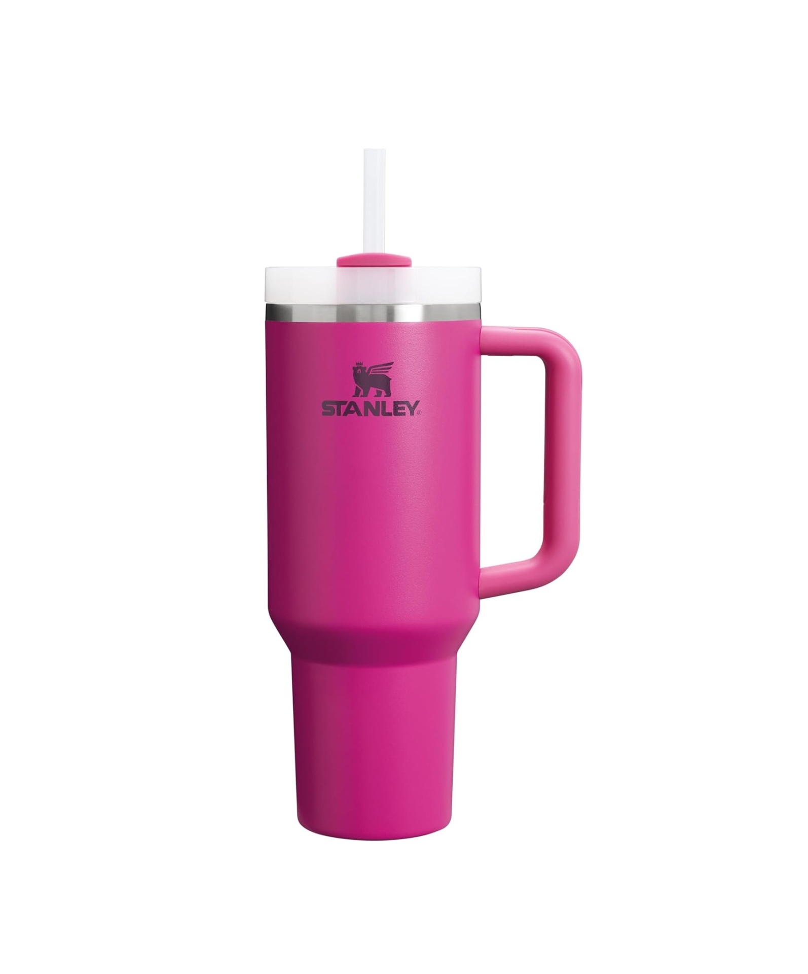 Copo térmico rosa com tampa branca, alça e canudo transparente