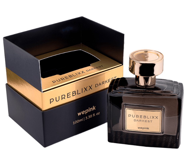 Perfume PUREBLIXX DARKEST wepink 100ml com frasco escuro e caixa preta dourada