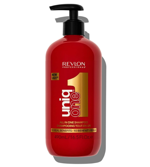 Frasco vermelho de champô Revlon Professional uniq one com tampa de bomba preta