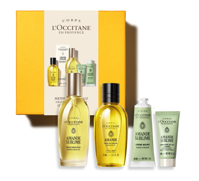 Conjunto de produtos LOCCITANE EN PROVENCE AMANDE SUBLIME com embalagem amarela e vários frascos e tubos de cuidados pessoais