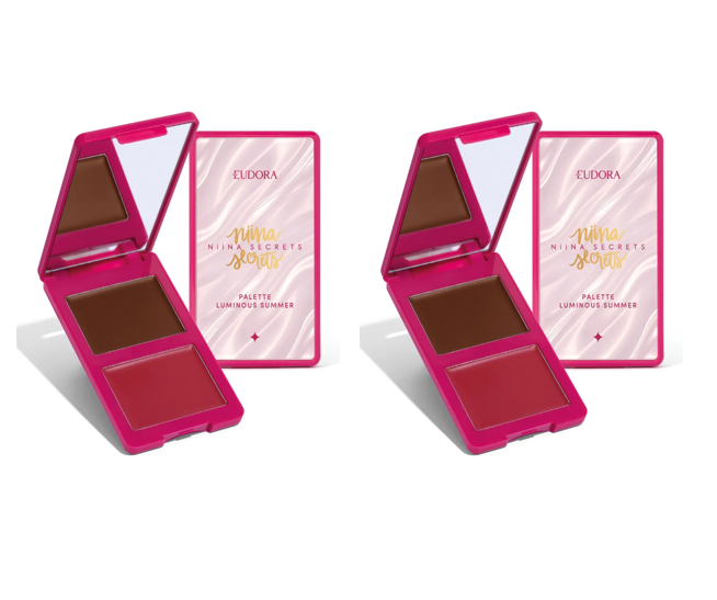 Paleta de maquilhagem rosa com dois tons de pó creme e espelho interior