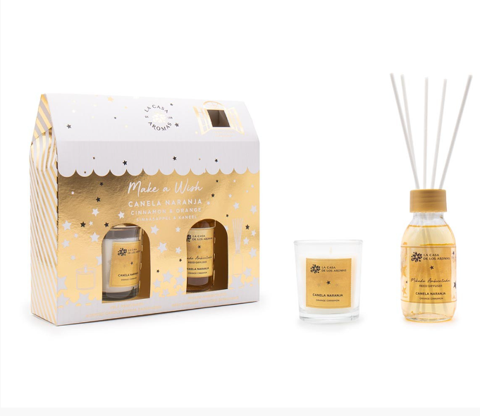 Conjunto de vela e difusor de ambiente em embalagem decorativa branca e dourada
