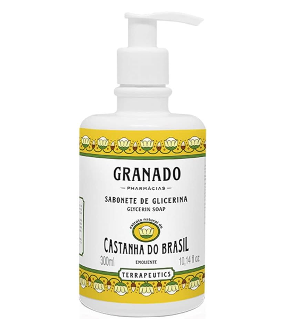 Frasco de sabonete de glicerina Granado Castanha do Brasil 300ml com rótulo amarelo e branco