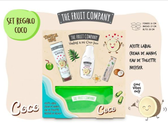 Conjunto de presente The Fruit Company com óleo labial, creme de mãos, eau de toilette e nécessaire verde, com design de coco.