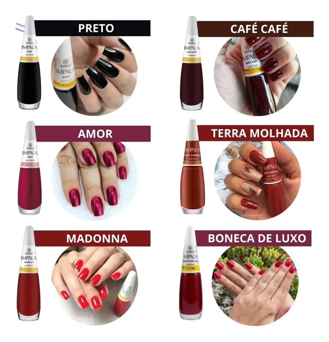 Vernizes IMPALA com cores e nomes diferentes e unhas pintadas a condizer
