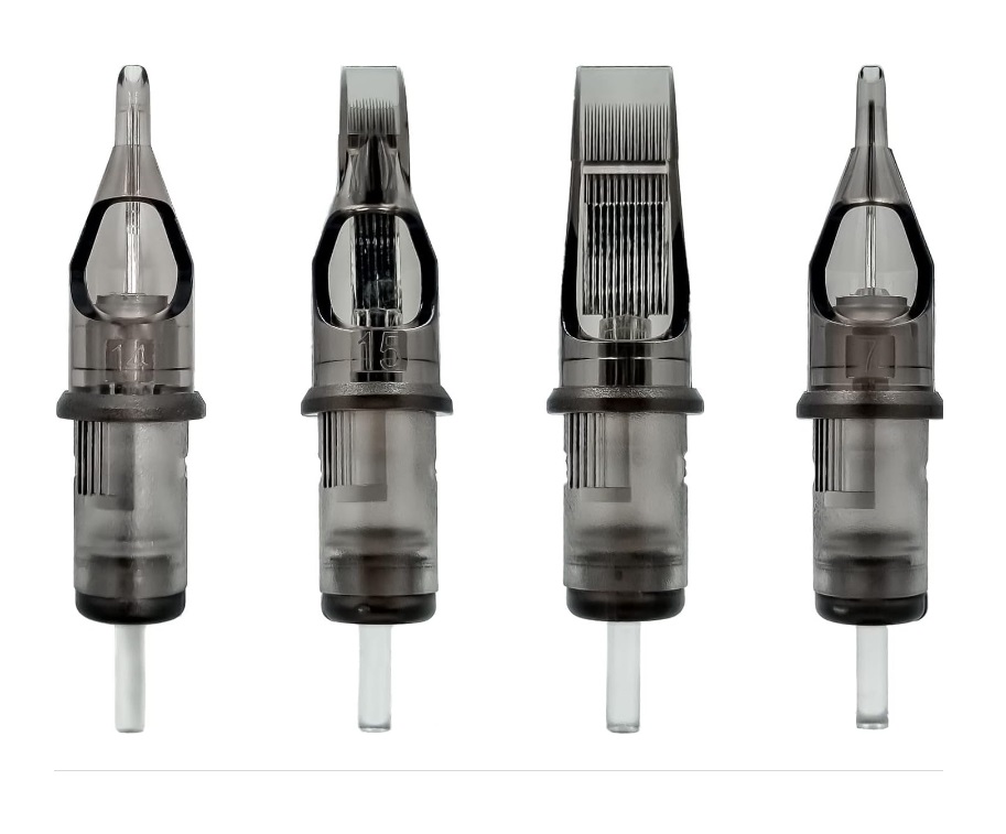 Quatro cartuchos de máquina de tatuagem em plástico cinza translúcido com pontas distintas